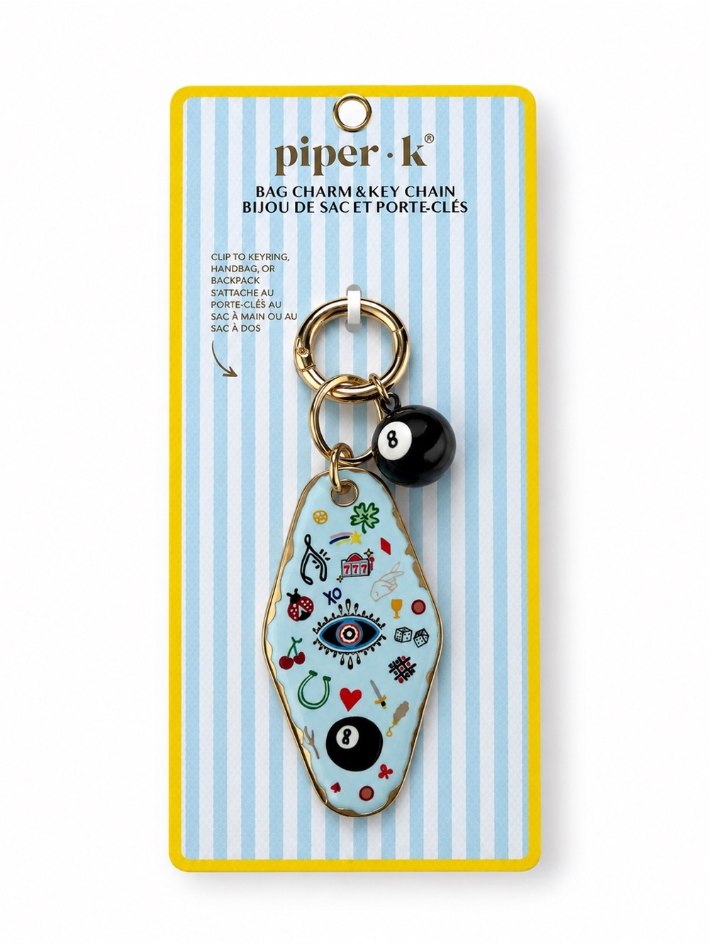 piper•k Light Blue Enamel Bag Charm & Key Chain with Black 8-Ball Accent